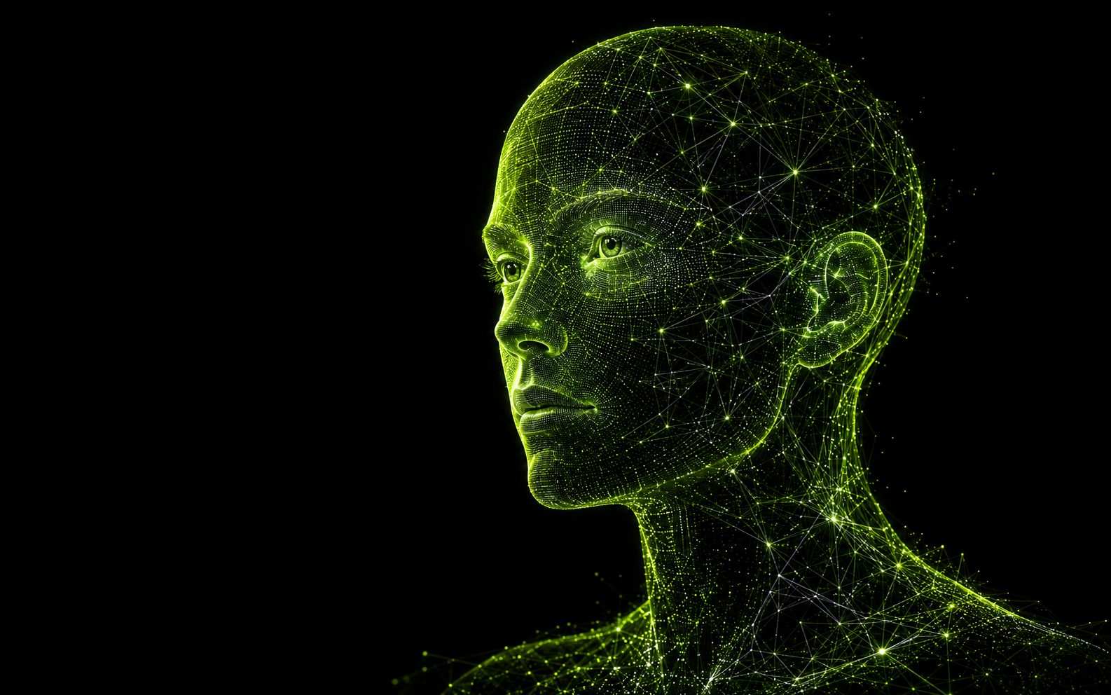 Luminous digital human formed from green data points